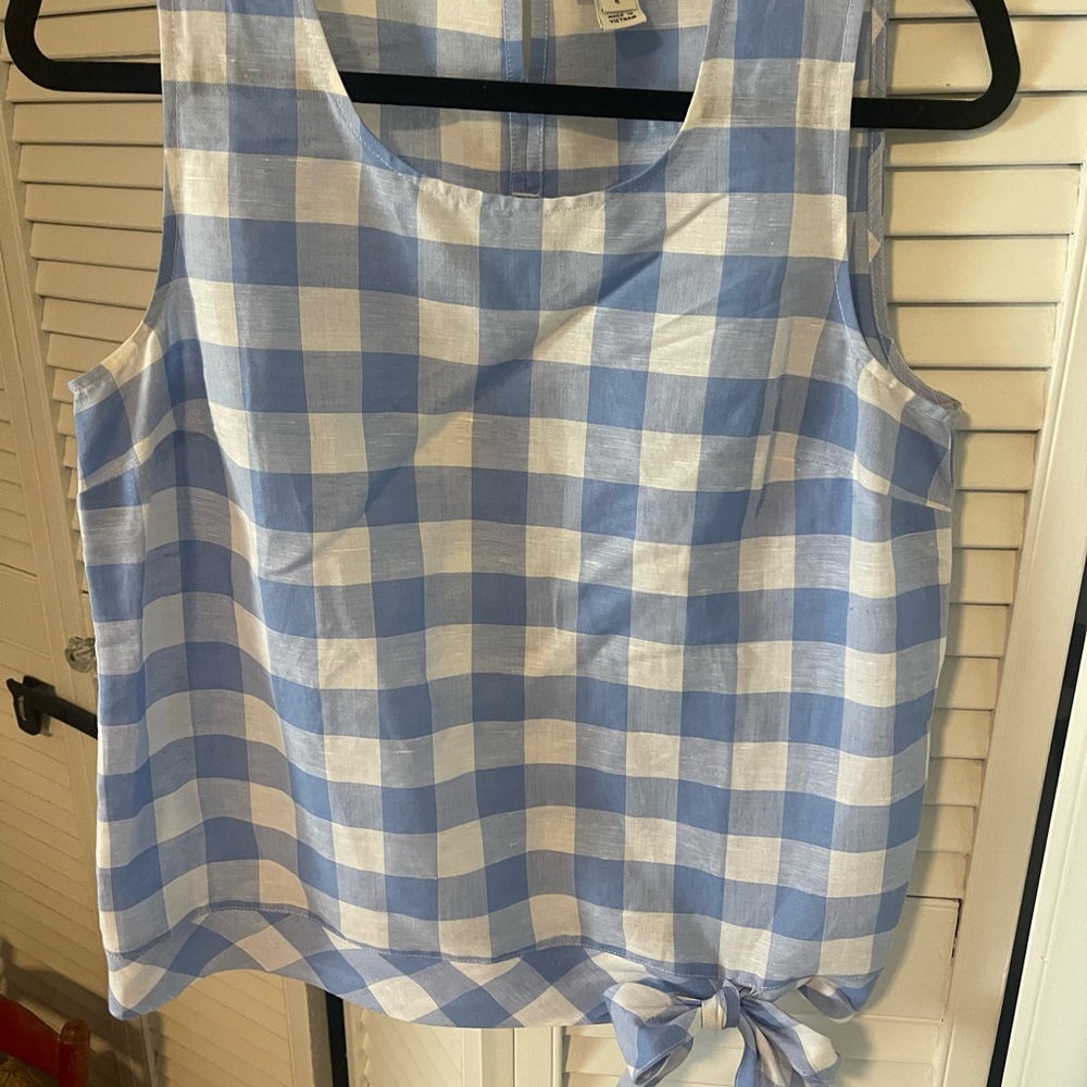 J. Crew Factory Blue and White Gingham Tie-Hem Sleeveless Blouse